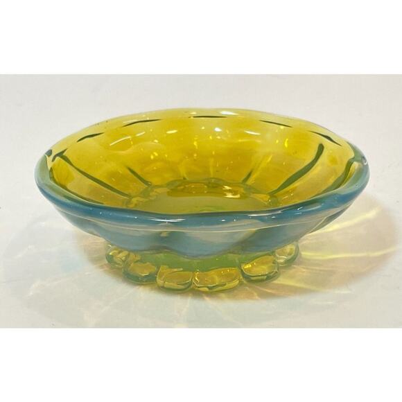 Vintage Murano Art Glass Camer MCM Yellow Blue Small Footed Bowl - Picture 7 of 15